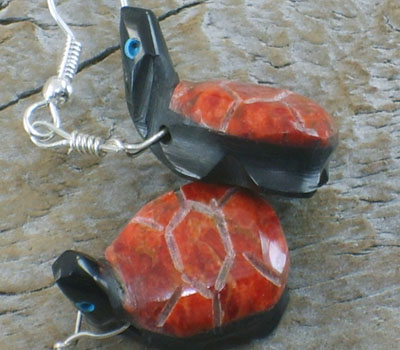 Southwest Fetish Jewelry Coral & Jet Turtle Earrings